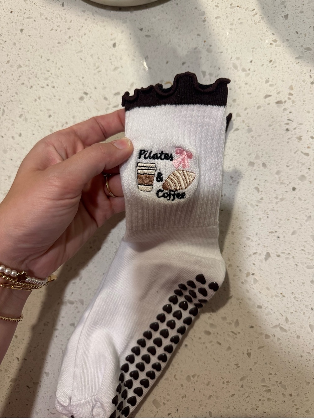 White Grippy Socks with Coffee & Pastry Embroidery